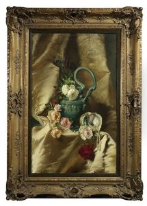 Stilleben Mit Bunten Rosen Und Pfauenfedern In Einer Hydria Mit Reliefdekor