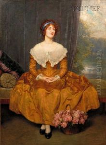 Portrait Of A Lady In Gold Seat With A Basket Of Roses
