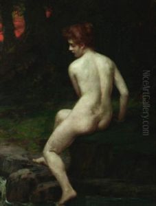 In Gedanken. Ruckenakt Einer Vertraumten Dame Am Bachlauf Im Walde
