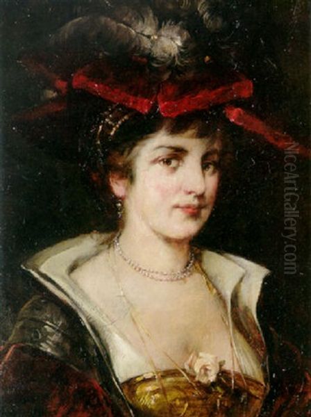 A Portrait Of A Lady In A Red Plumed Hat - view 1