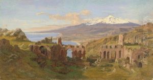 Taormina: Blick Uber Das Antike Amphitheater Auf Die Kuste Und Den Schneebedeckten Aetna