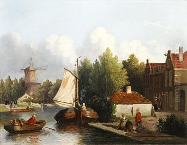 Dutch River Landscape With Figures And Barges - view 1