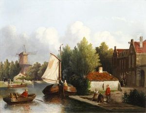Dutch River Landscape With Figures And Barges by Joseph Bles