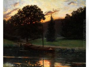 Kahn In Ruhigem Kanalwasser Vor Baumlandschaft Bei Sonnenuntergang by Luis Paret Y Alczar