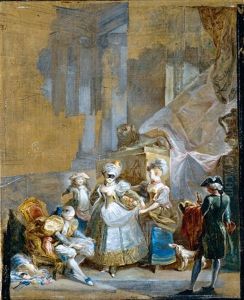An Elegant Company Preparing For A Masked Ball