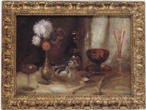 Glasvase Mit Blumenstrauss Und Verschiedenen Murano Glasern by Gino (Friedrich Pollak) Parin