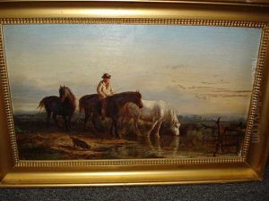 Watering The Horses, A Drover, Three Horses And A Dog In A Marshland Landscape by Henry Park