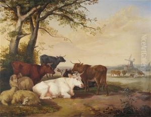 Cattle And Sheep In A Landscape, A Windmill Beyond by Henry Park