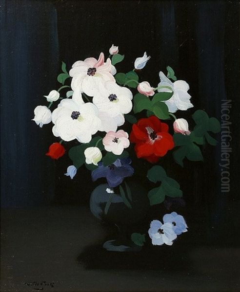 Colourful Flowers In A Vase, Against Black Background - view 1