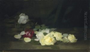 Yellow, White And Red Roses By A Basket by Stuart James Park