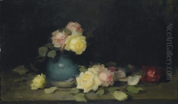Pink And Yellow Roses In A Green Vase - view 1