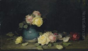 Pink And Yellow Roses In A Green Vase by Stuart James Park