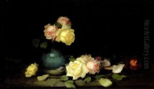 Still Life With Red, Pink And Yellow Roses In A Blue Vase Still Life With Red, Pink And Yellow Roses In A Blue Vase