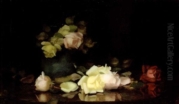 Pink, Red And Yellow Roses In A Green Vase - view 1