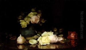 Pink, Red And Yellow Roses In A Green Vase by Stuart James Park