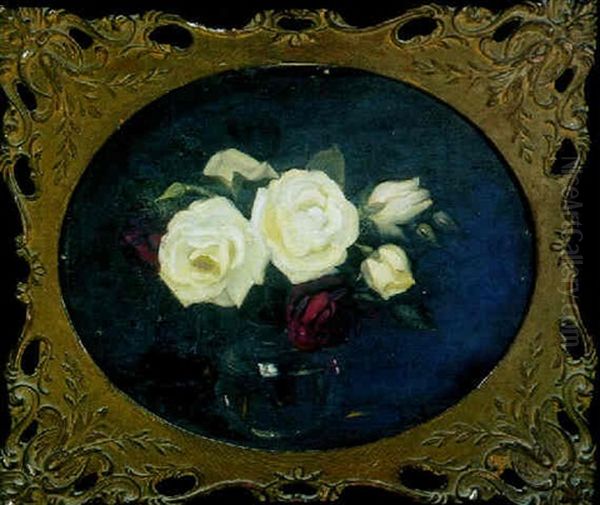 A Still Life With A Vase Of Red And White Roses - view 1