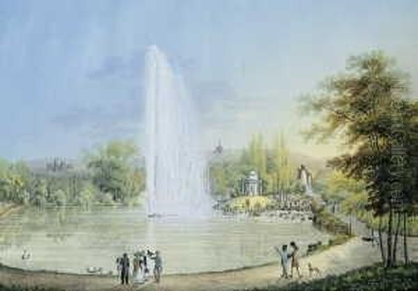 Die Grosse Fontane Im Schlosspark Wilhelmshohe Bei Kassel. Im Hintergrund Die Lowenburg Und Der Herkules. - view 1