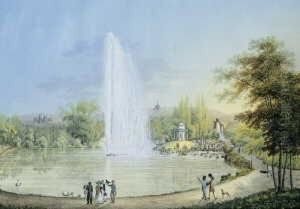 Die Grosse Fontane Im Schlosspark Wilhelmshohe Bei Kassel. Im Hintergrund Die Lowenburg Und Der Herkules. by Johann Heinrich (II) Bleuler:
