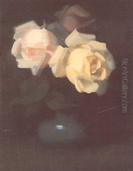 Salmon Pink And Yellow Roses In A Turquoise Bottle-shaped Vase - view 1