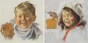 Boy Holding Up Peanut Butter Sandwich (+ Another; Pair Of Illus. For Beech-nut Peanut Butter)