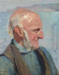 Portrait Of A Man, Bust-length, In A Blue Shirt And A Brown Waistcoat by Frederick H.A. Parker