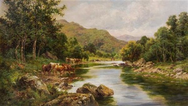 Mountain Stream With Cattle And Two Figures Fishing - view 1