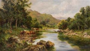Mountain Stream With Cattle And Two Figures Fishing