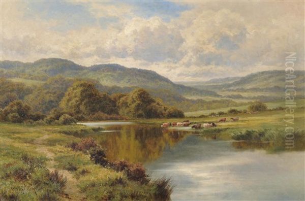 River Landscape With Cattle Watering - view 1
