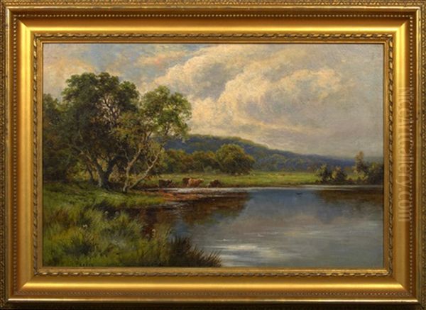 River Landscape With Cattle Watering - view 1