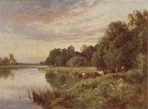 Cows Watering At Sunset by Henry H. Parker