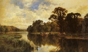 Cattle Watering On A Riverbank by Henry H. Parker