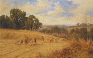 A Harvesting Scene With An Extensive Landscape Beyond
