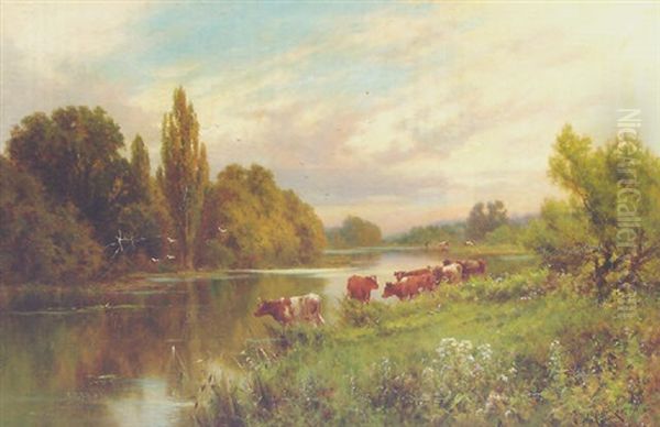 Cattle Watering By A Tranquil River - view 1