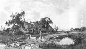 Farm Landscape With Figures And Ducks by Henry H. Parker