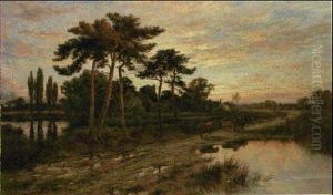 Figures And Cart Horses By A Stream At Dusk, Abinger, Surrey by Henry H. Parker