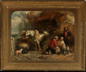 Smugglers Selling Casks Of Liquor At A Coastal Hideout by Henry Perlee Parker