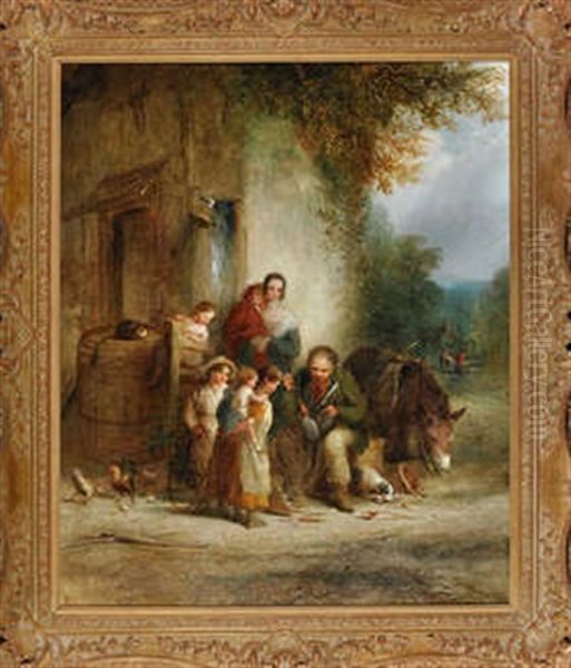 A Scene Outside A Rural Cottage With A Mother And Children Watching An Itinerant Peddler Repair A Watering Can - view 1