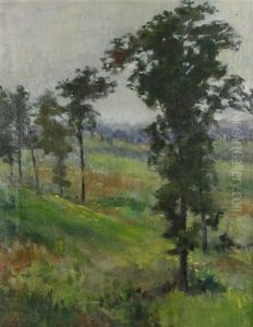 Landscape With Trees With Poppies And Lupines by Lawton S. Parker