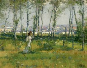 Woman In Landscape With City Through The Trees by Lawton S. Parker