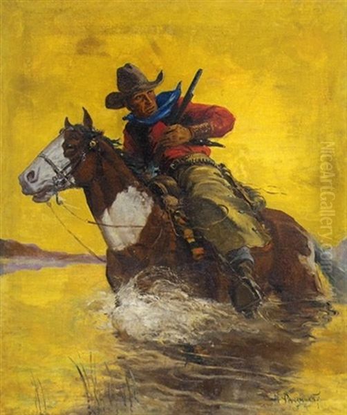 Rifleman On Horseback Crossing River (illus. For Western Story Magazine) - view 1
