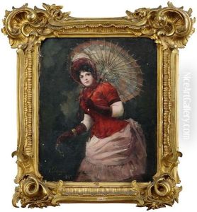 Bildnis Einer Dame In Rotem Kleid Mit Einem Asiatischen Schirm by Vilma Parlaghy
