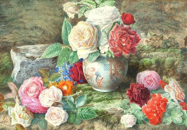 Still Life Of Roses And Geraniums In An Oriental Vase - view 1