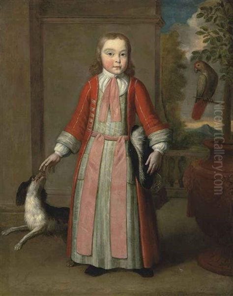 Portrait Of A Boy, Full-length, In A Red Coat, A Parrot And A Dog At His Side, On A Terrace - view 1