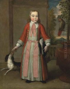 Portrait Of A Boy, Full-length, In A Red Coat, A Parrot And A Dog At His Side, On A Terrace