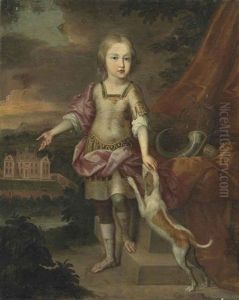 Portrait Of A Boy, Full-length, In Classical Attire, With A Dog, In The Grounds Of An Estate by Jacques Parmentier