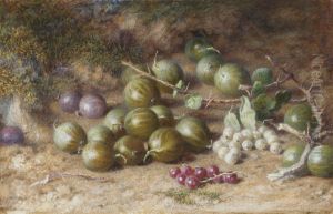 Gooseberries, And Red And White Currants On A Mossy Bank by Jabez Bligh