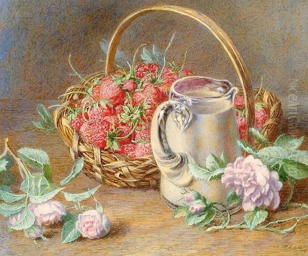 A Still Life Of Strawberries Arranged In A Basket, A Milk Jug, And Scattered Flowers. - view 1