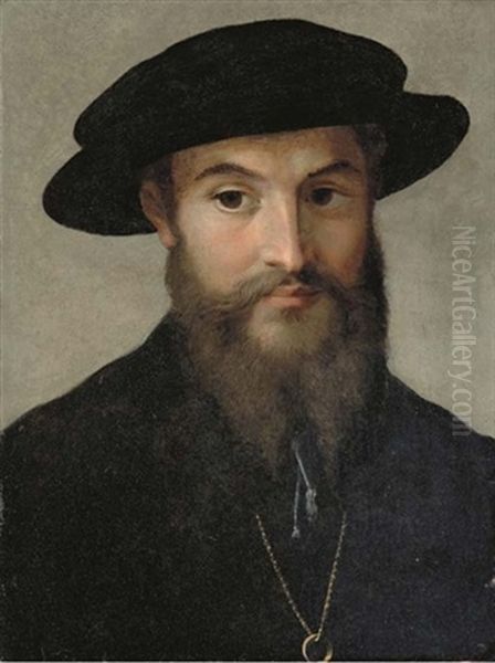 Portrait Of A Bearded Man, Bust-length, In A Black Hat, Wearing A Gold Chain With A Ring - view 1