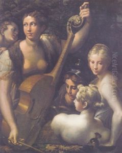A Concert With Minerva, Juno And Venus Listening To A Young Bare-chested Woman Playing The Viola Da Gamba With Cupid Looking On