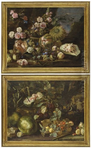 Melons, Peaches And Roses In A Landscape; And Melons, And Other Fruit In A Landscape, Figures On Horseback Beyond - view 1
